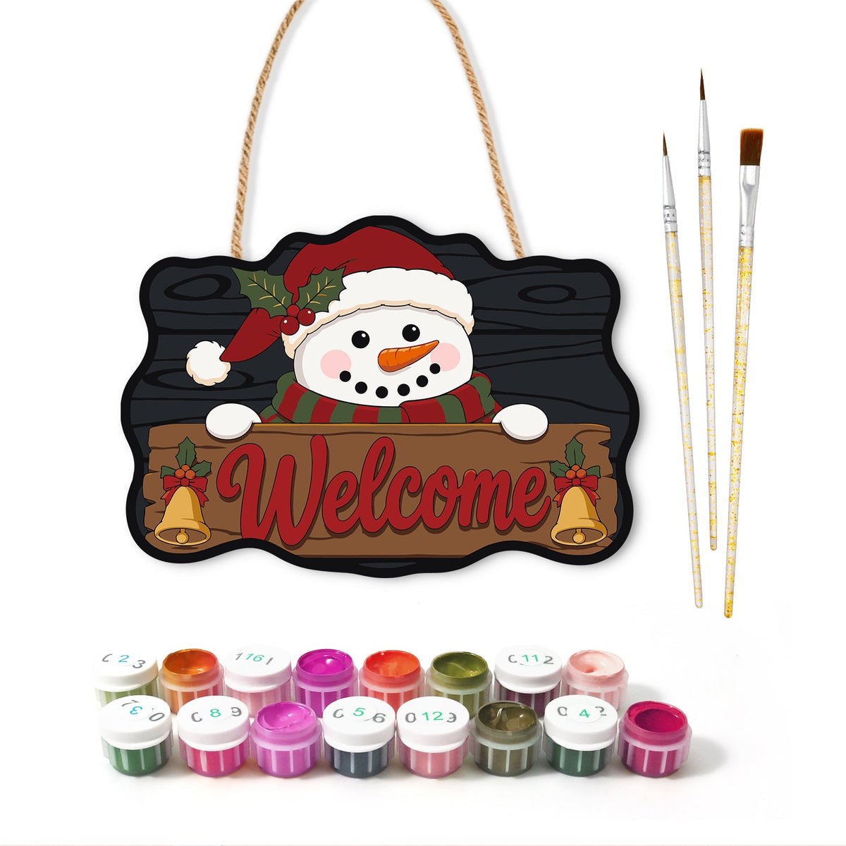 Santa hat snowman paint by numbers door hanger with paints and brushes