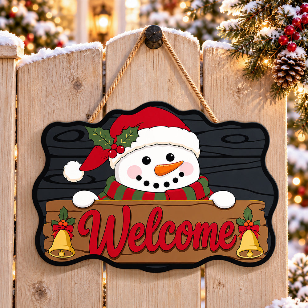 Santa hat snowman paint by numbers door hanger on a garden gate