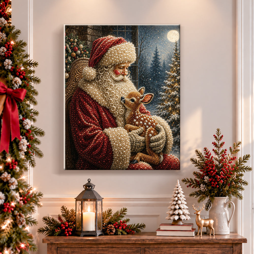 Finished santa holding baby deer pearl diamond painting artwork displayed as holiday home decor