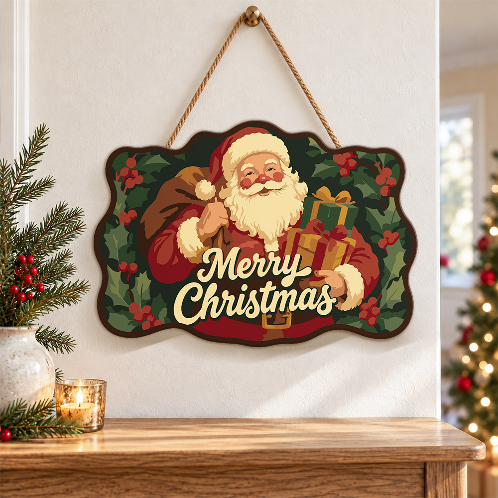 Santa holiday illustration paint by numbers door hanger as indoor wall decor