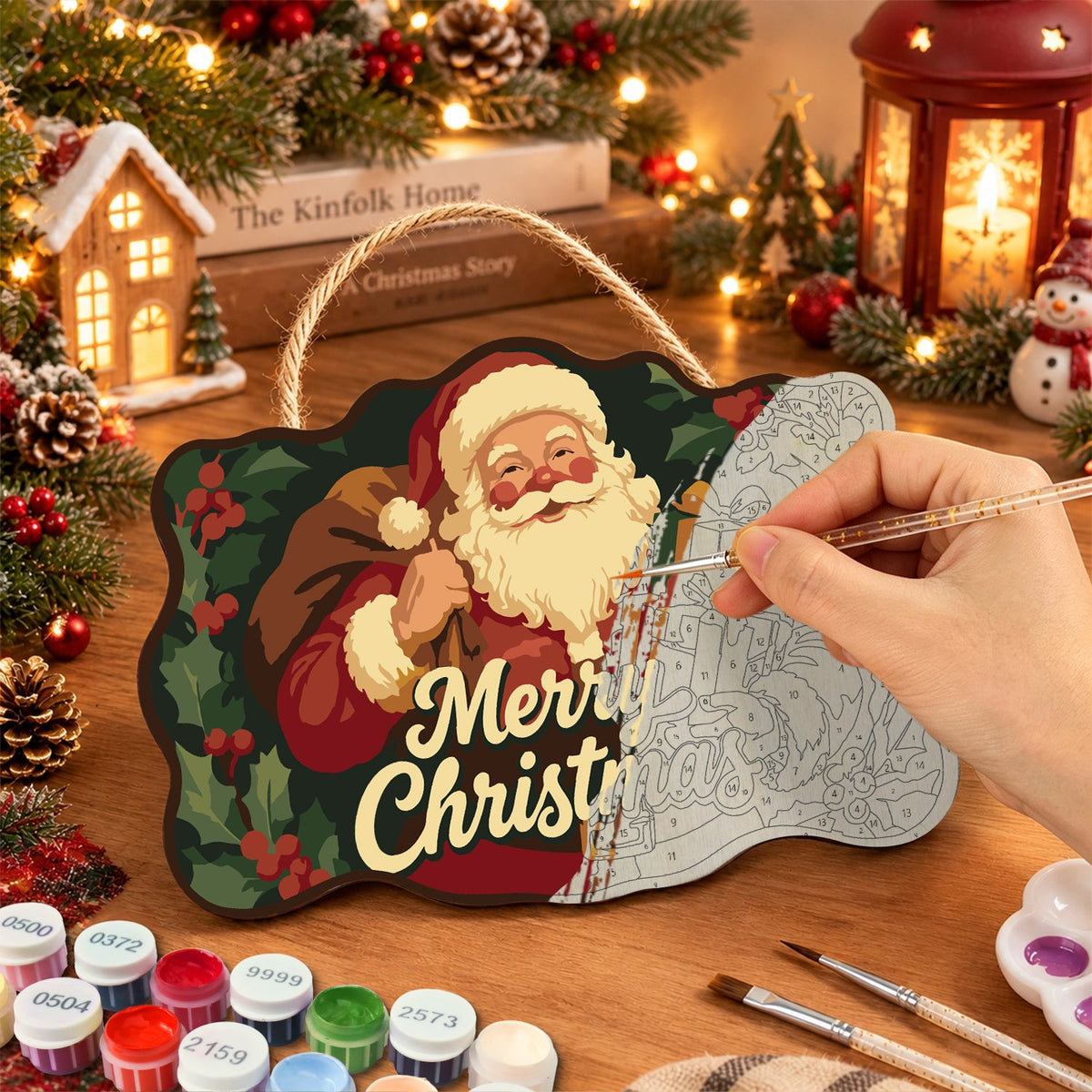 Santa holiday illustration paint by numbers door hanger painting process