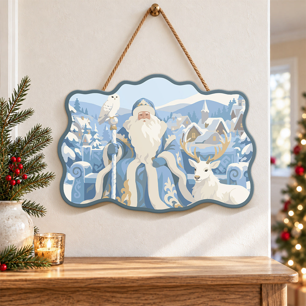 Santa in snowy village paint by numbers door hanger as indoor wall decor