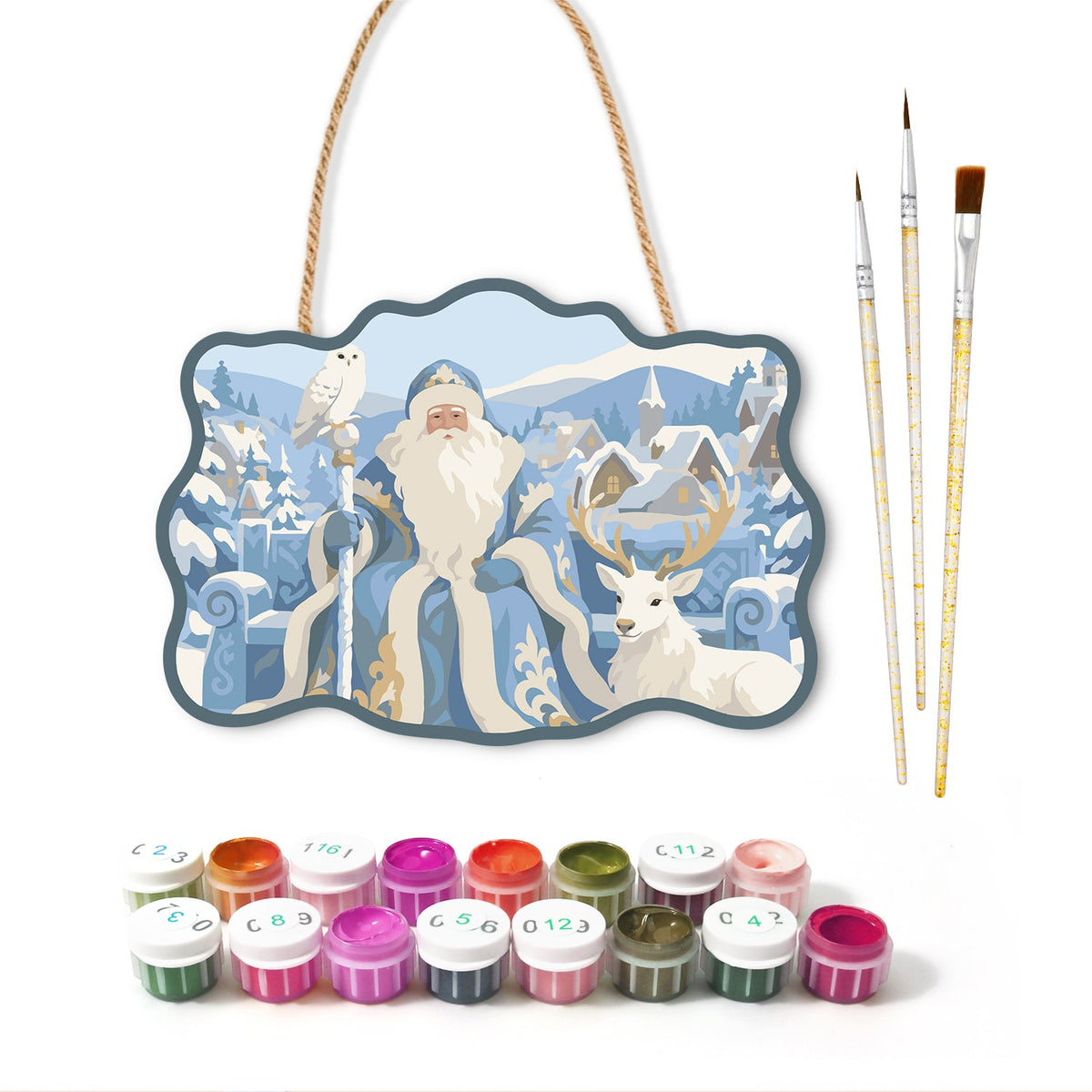 Santa in snowy village paint by numbers door hanger with paints and brushes