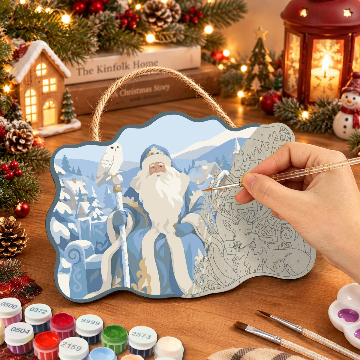 Santa in snowy village paint by numbers door hanger painting process