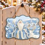 Santa in snowy village paint by numbers door hanger on a garden gate