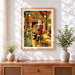 Finished santa making toys by the fireplace cross stitch artwork displayed