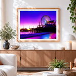 Finished santa monica pier cross stitch artwork displayed