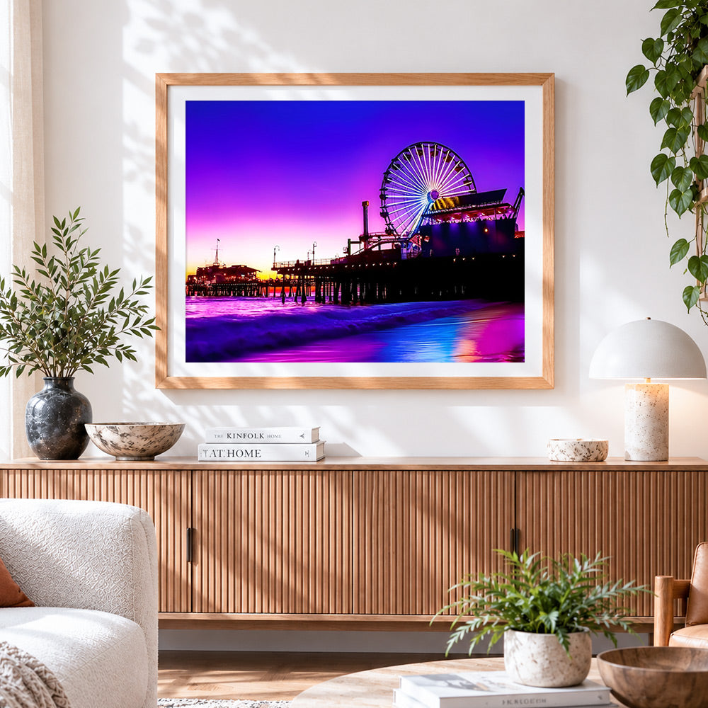Finished santa monica pier cross stitch artwork displayed