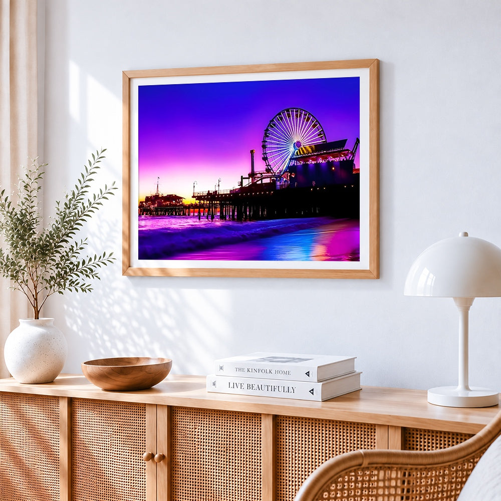 Santa monica pier cross stitch artwork displayed on wall as home decor