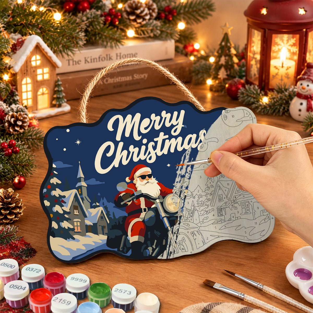 Santa motorcycle snow village paint by numbers door hanger painting process