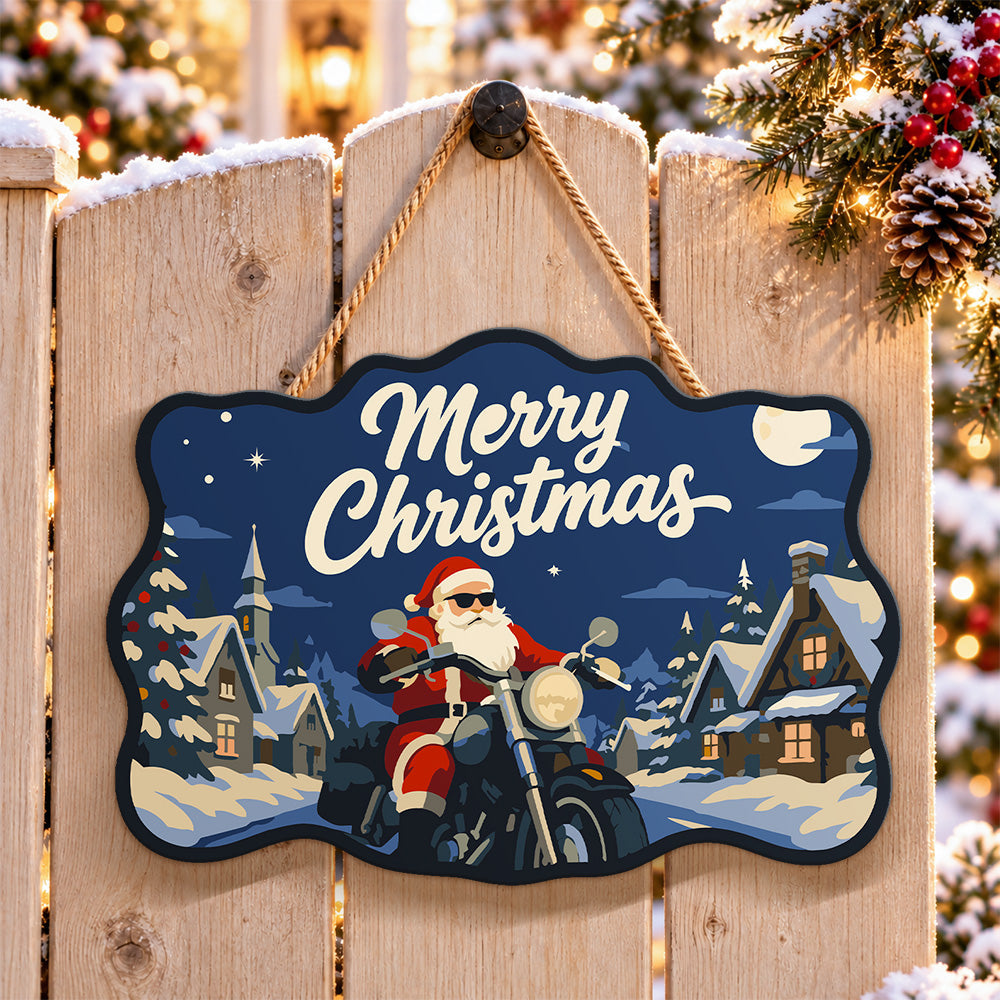 Santa motorcycle snow village paint by numbers door hanger on a garden gate