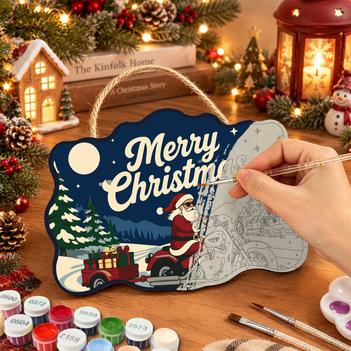 Santa motorcycle with gift trailer paint by numbers door hanger painting process