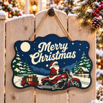 santa motorcycle with gift trailer paint by numbers door hanger on a garden gate