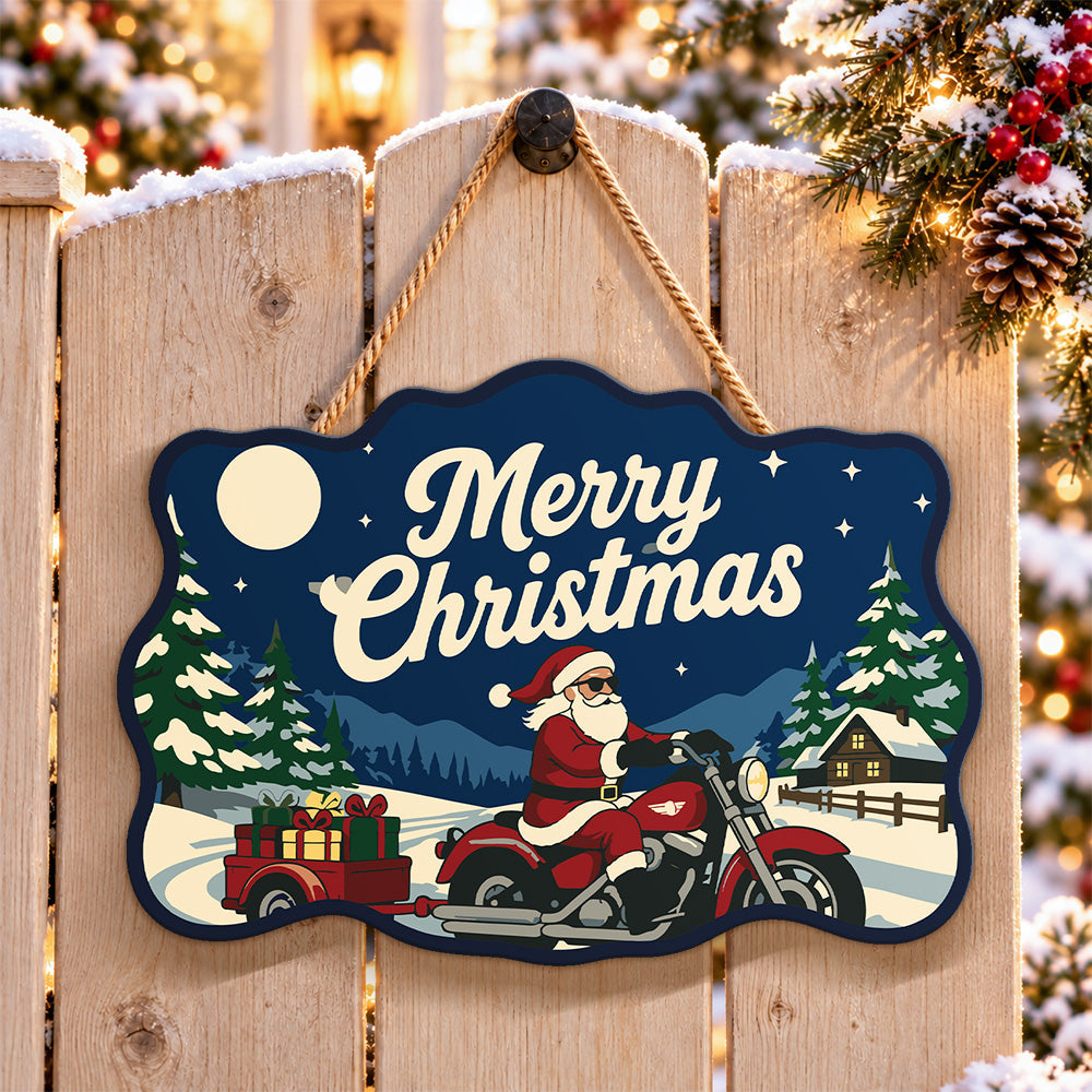 santa motorcycle with gift trailer paint by numbers door hanger on a garden gate