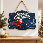 Santa on blue motorcycle paint by numbers door hanger as indoor wall decor