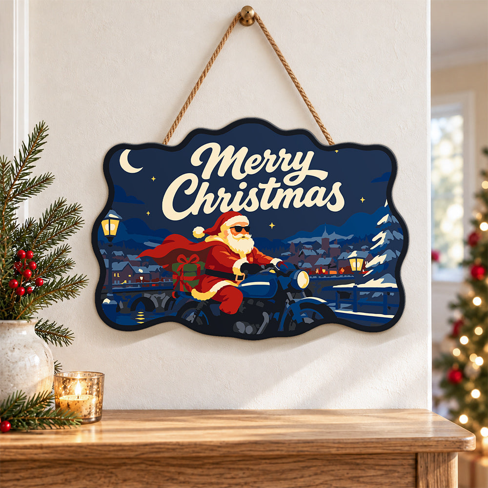 Santa on blue motorcycle paint by numbers door hanger as indoor wall decor