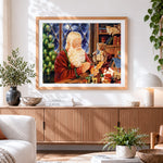 Finished santa painting toys in workshop cross stitch artwork displayed