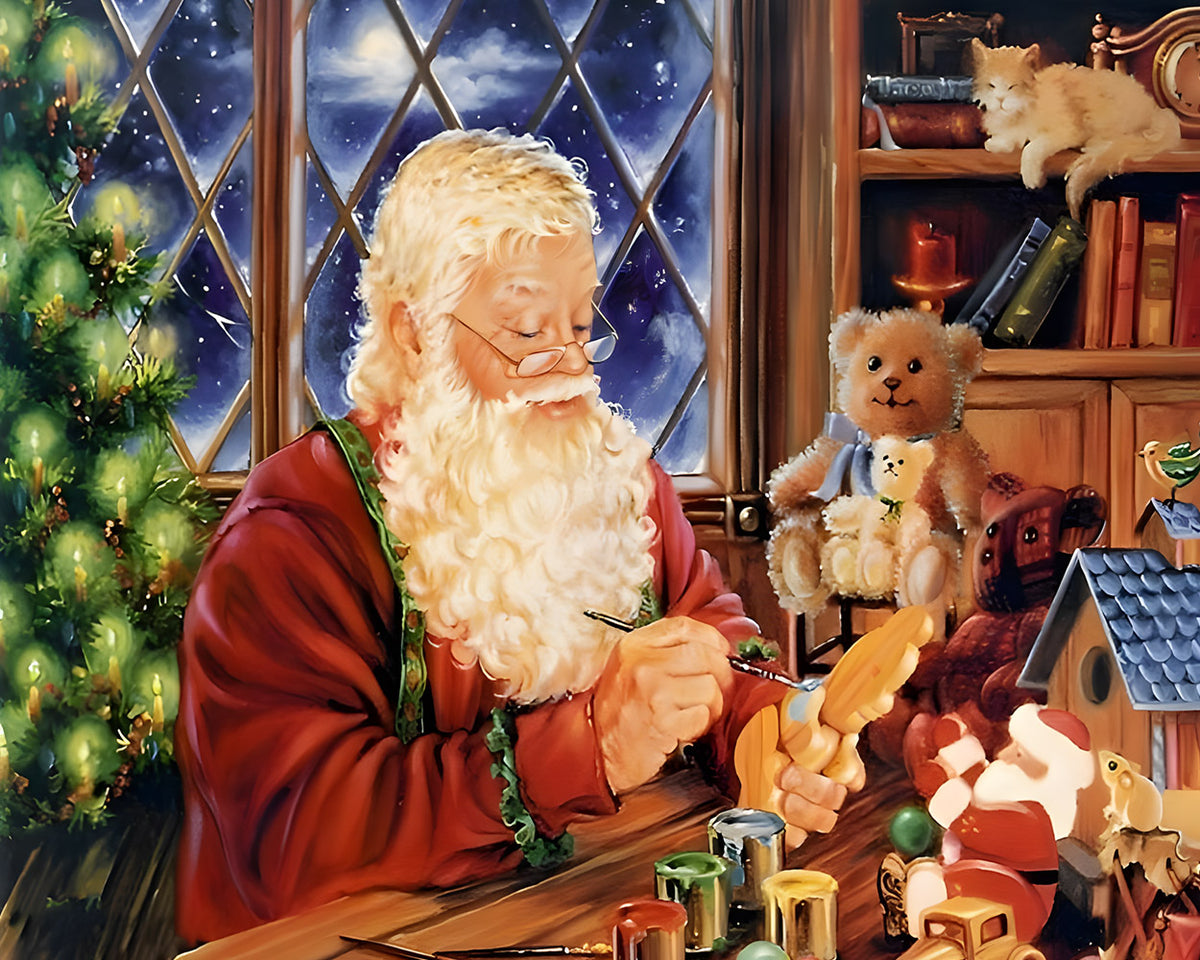 Santa painting toys in workshop cross stitch kit for beginners