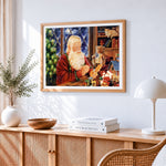 Santa painting toys in workshop cross stitch artwork displayed on wall as home decor