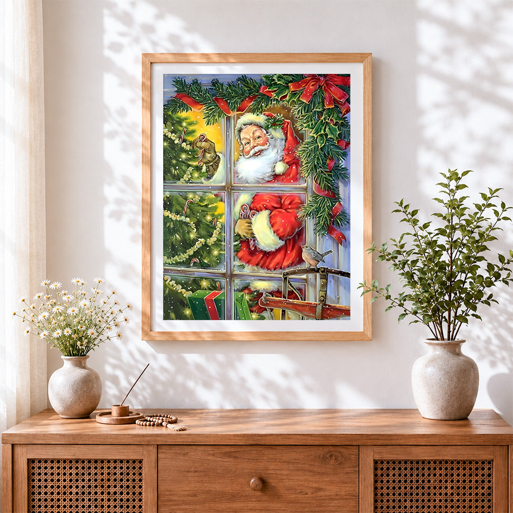 Finished santa peeking through window cross stitch artwork displayed