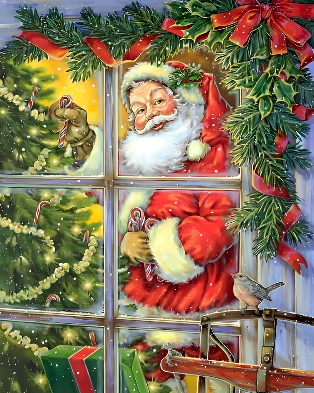 Santa peeking through window cross stitch kit for beginners