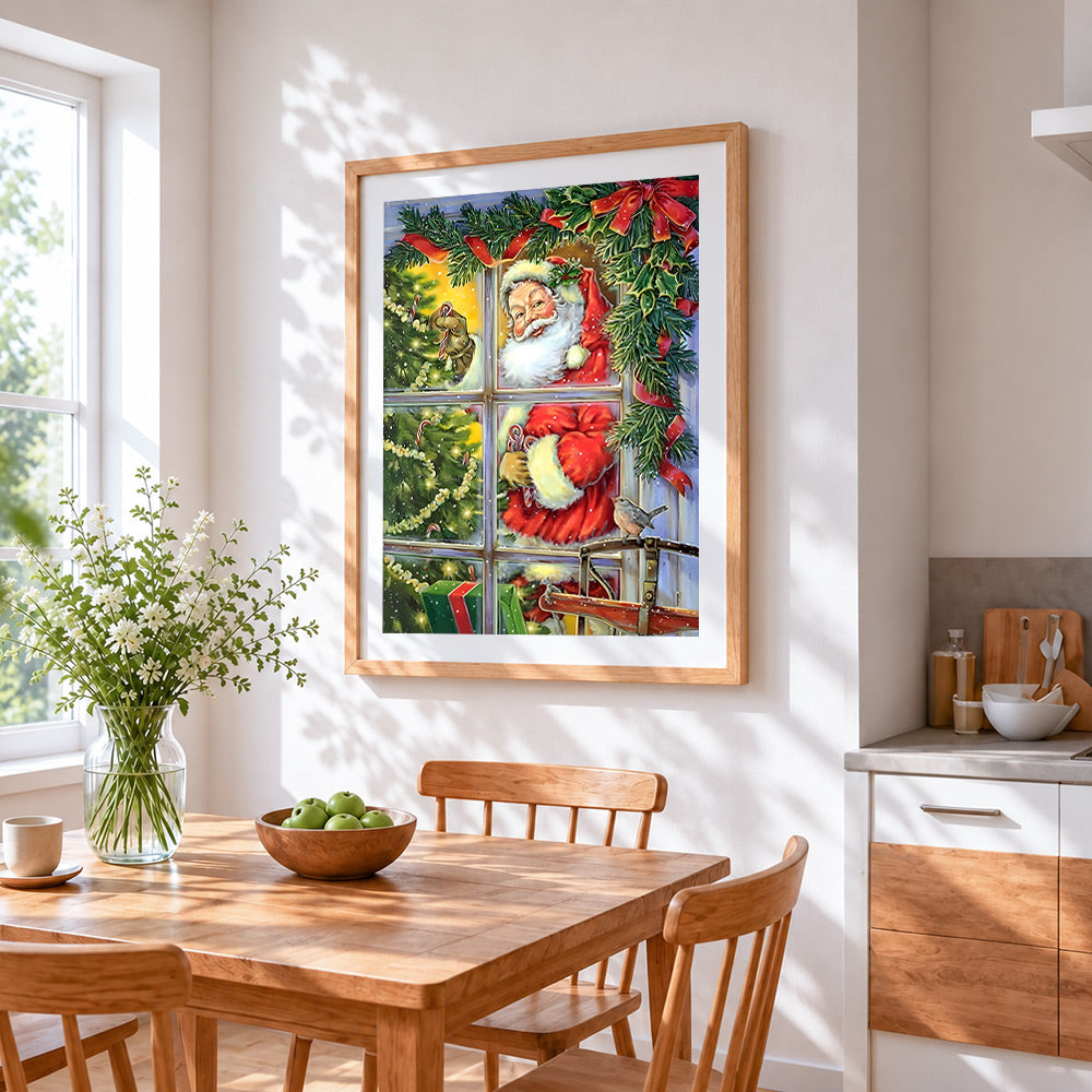 Santa peeking through window cross stitch artwork displayed on wall as home decor