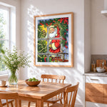 Santa peeking through window cross stitch artwork displayed on wall as home decor