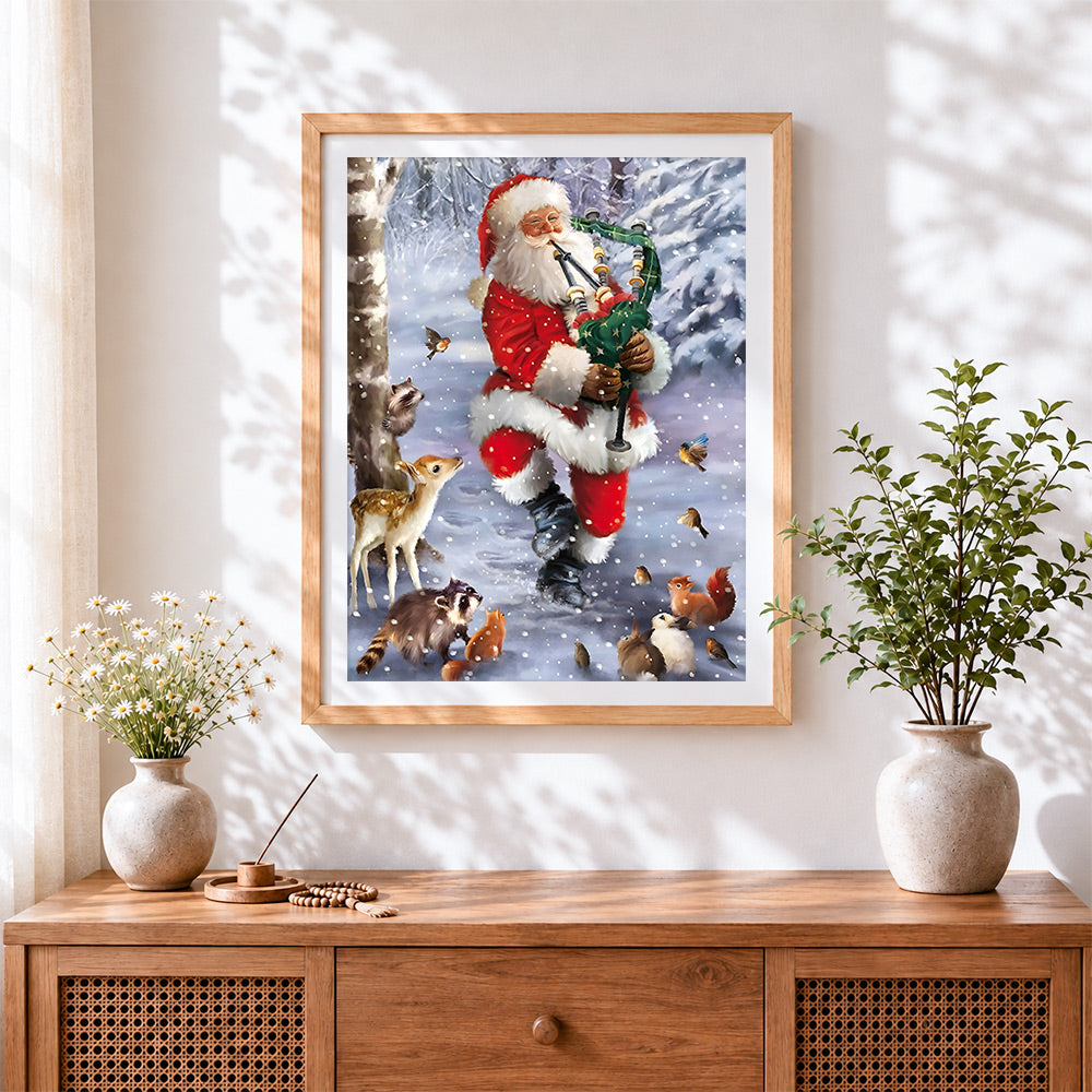 Finished santa playing bagpipes with woodland animals cross stitch artwork displayed