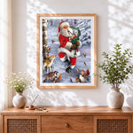 Finished santa playing bagpipes with woodland animals cross stitch artwork displayed