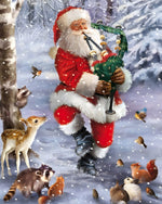 Santa playing bagpipes with woodland animals cross stitch kit for beginners