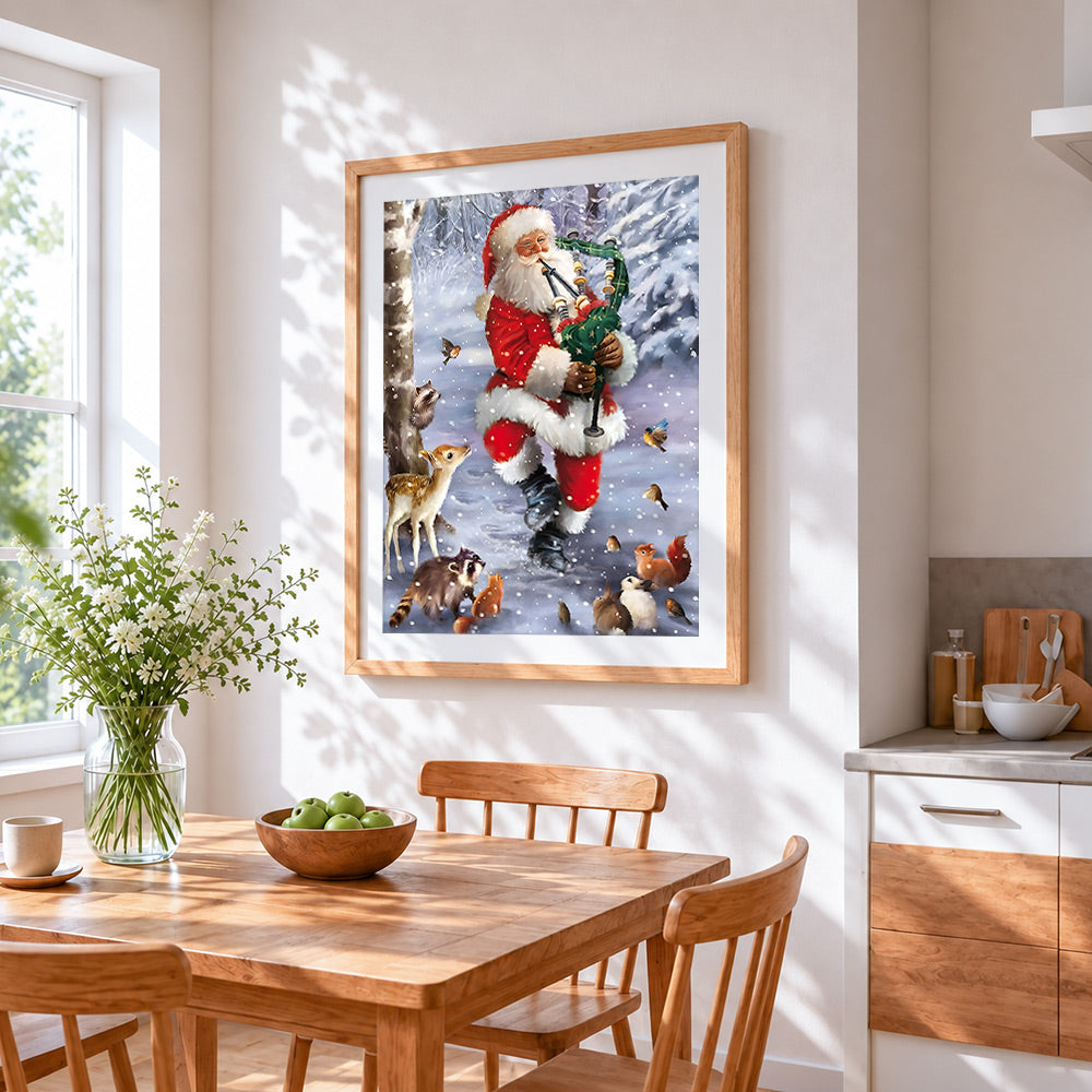 Santa playing bagpipes with woodland animals cross stitch artwork displayed on wall as home decor