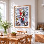 Santa playing bagpipes with woodland animals cross stitch artwork displayed on wall as home decor