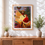 Finished santa playing piano with a puppy cross stitch artwork displayed