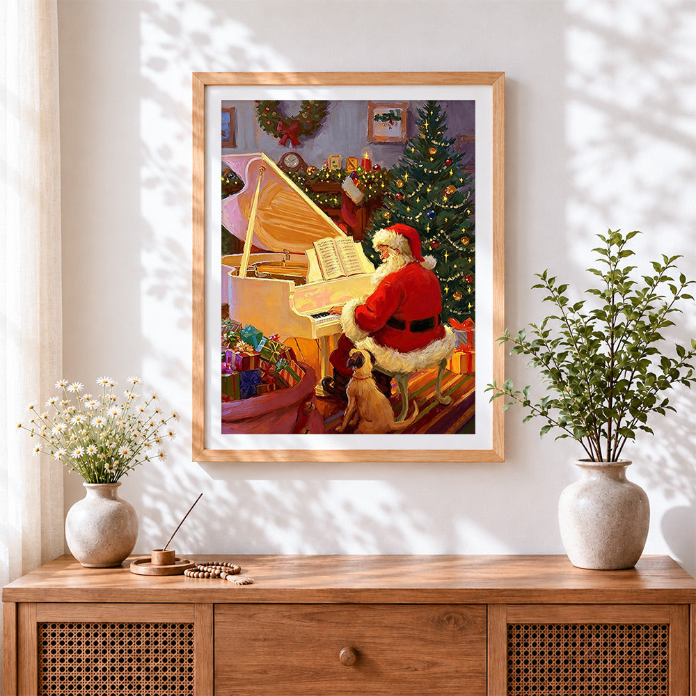 Finished santa playing piano with a puppy cross stitch artwork displayed