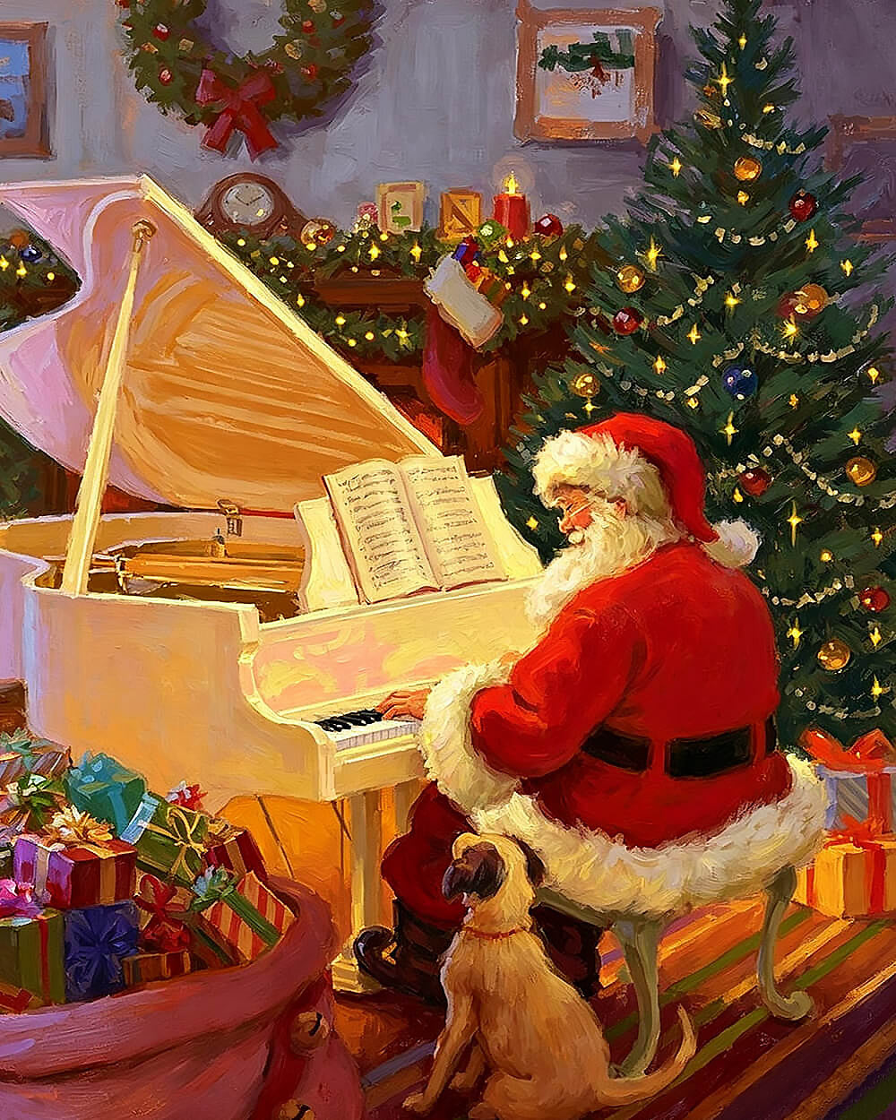 Santa playing piano with a puppy cross stitch kit for beginners