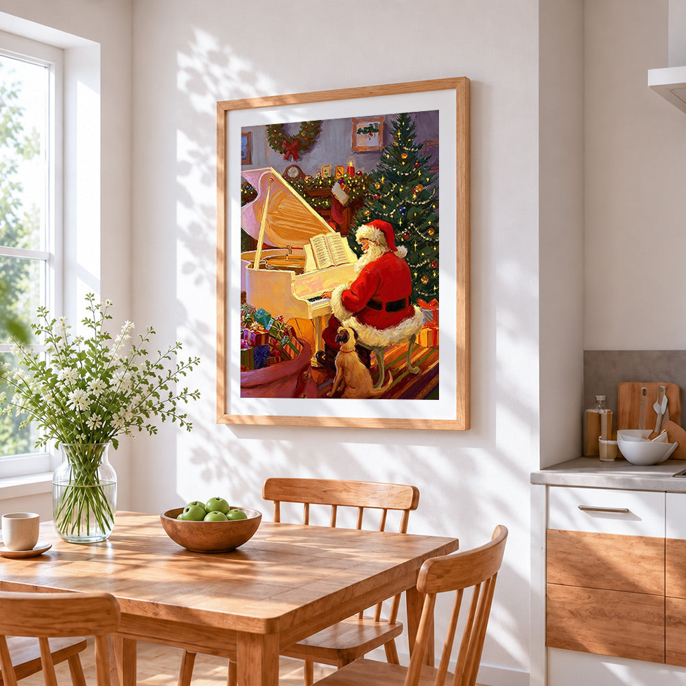 Santa playing piano with a puppy cross stitch artwork displayed on wall as home decor
