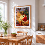 Santa playing piano with a puppy cross stitch artwork displayed on wall as home decor