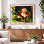 Finished santa playing with toy train and puppy paint by numbers artwork displayed as home decor
