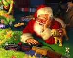 Santa playing with toy train and puppy paint by numbers kit for beginners