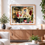 Finished santa reading letters in cosy log cabin cross stitch artwork displayed