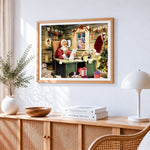Santa reading letters in cosy log cabin cross stitch artwork displayed on wall as home decor