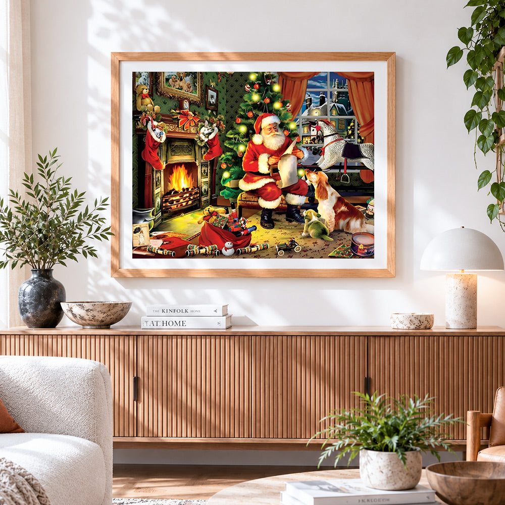 Finished santa reading list by the fire cross stitch artwork displayed