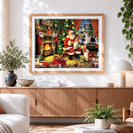 Finished santa reading list by the fire cross stitch artwork displayed