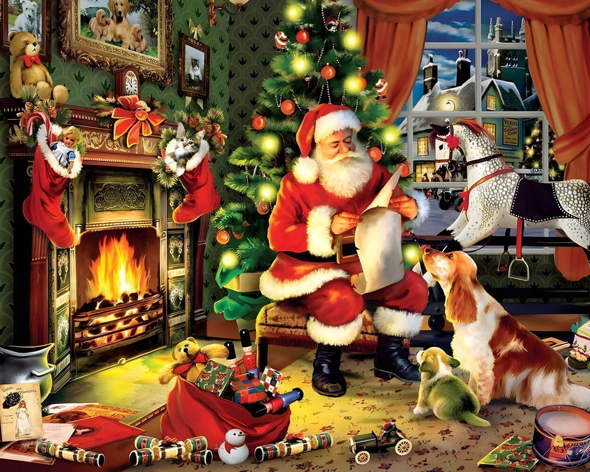 Santa reading list by the fire cross stitch kit for beginners