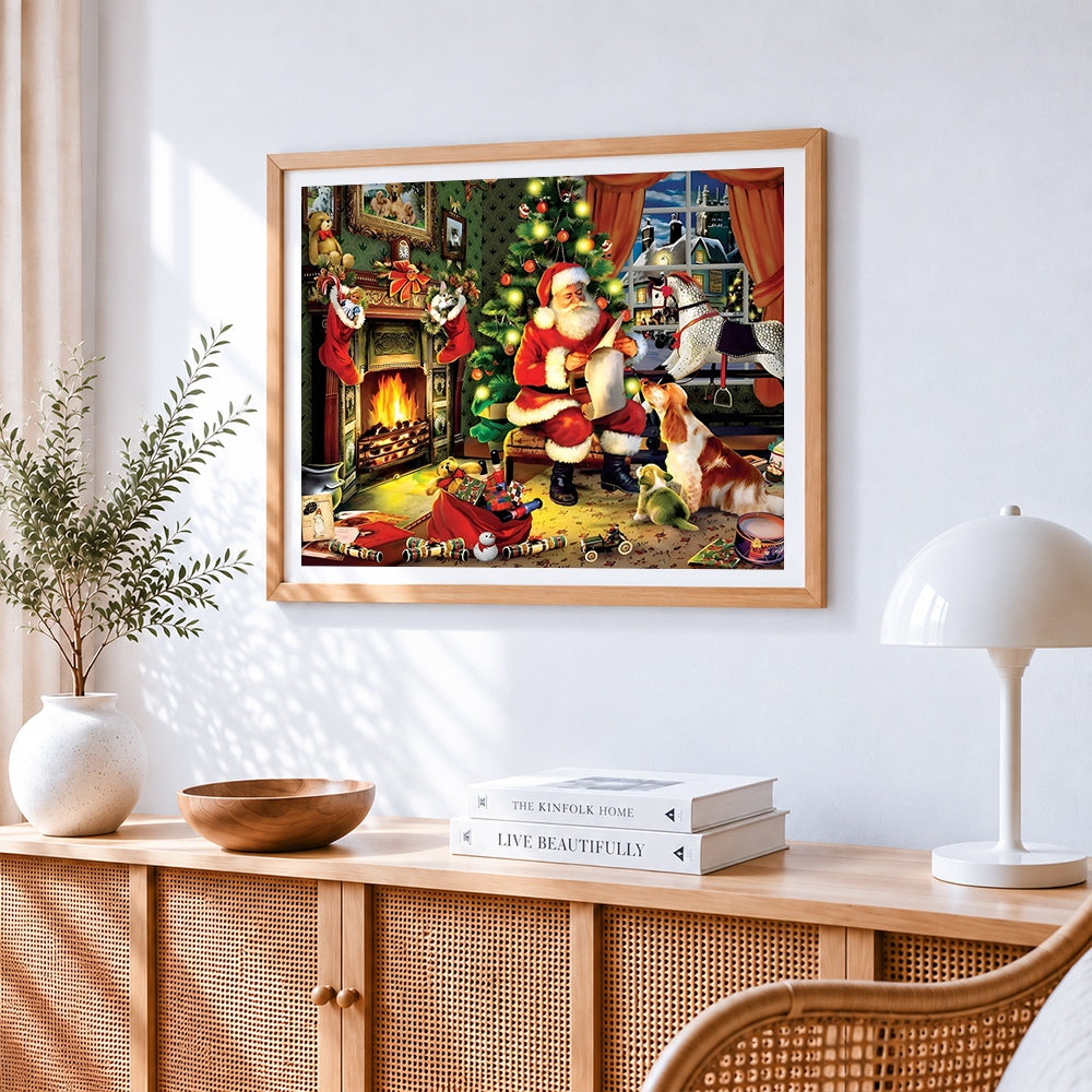 Santa reading list by the fire cross stitch artwork displayed on wall as home decor