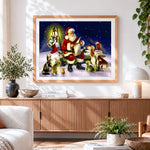 Finished santa reading list with pets cross stitch artwork displayed