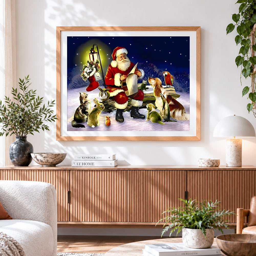 Finished santa reading list with pets cross stitch artwork displayed