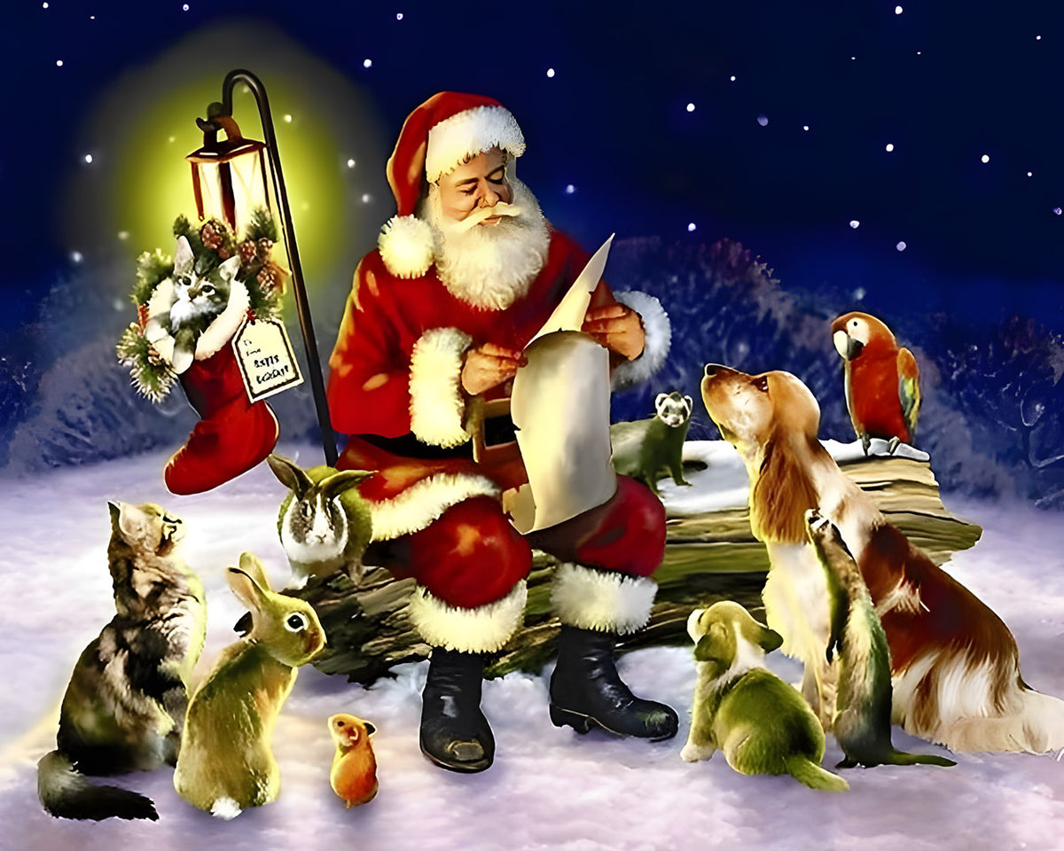 Santa reading list with pets cross stitch kit for beginners