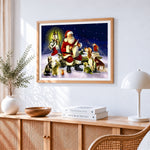 Santa reading list with pets cross stitch artwork displayed on wall as home decor