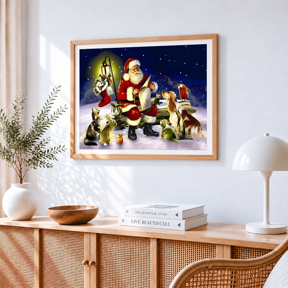 Santa reading list with pets cross stitch artwork displayed on wall as home decor
